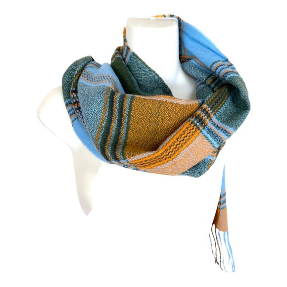 100% Cashmere made in Scotland plaid scarf wrap Fringe hem blue Orange Green - Picture 6 of 6